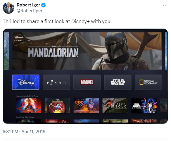 Bob Iger Tweets About the Disney+ app